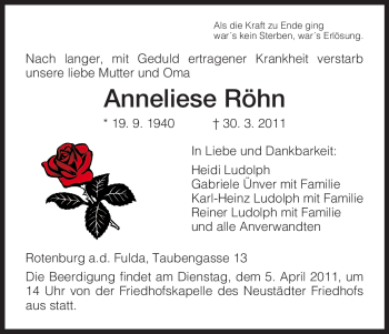 Traueranzeige von Anneliese Röhn von HNA