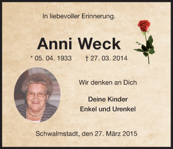 Traueranzeige von Anni Weck von HNA