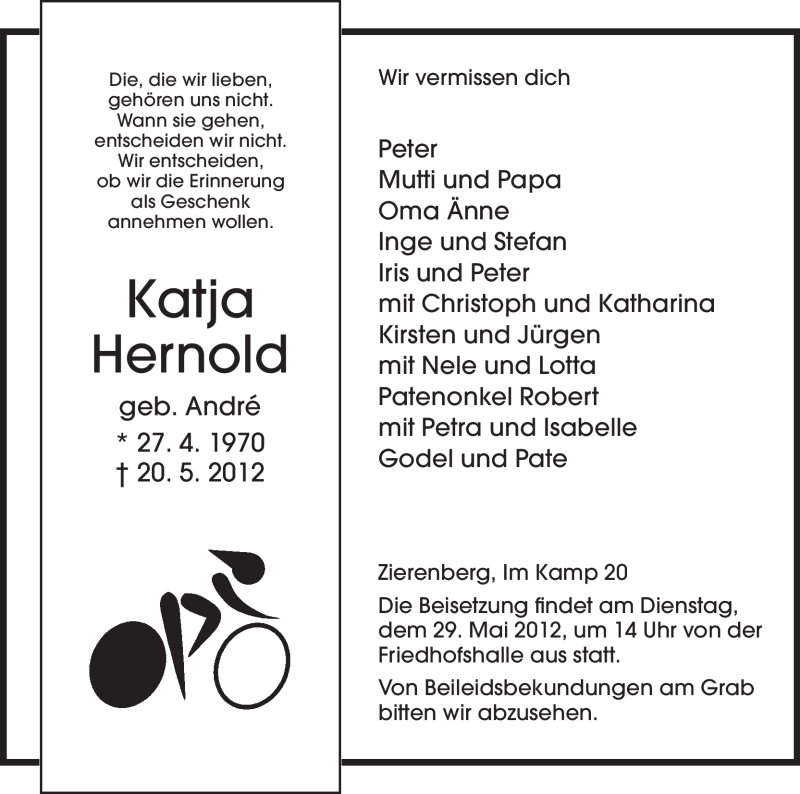  Traueranzeige für Katja Hernold vom 26.05.2012 aus HNA