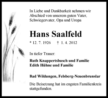 Traueranzeige von Hans Saalfeld von HNA