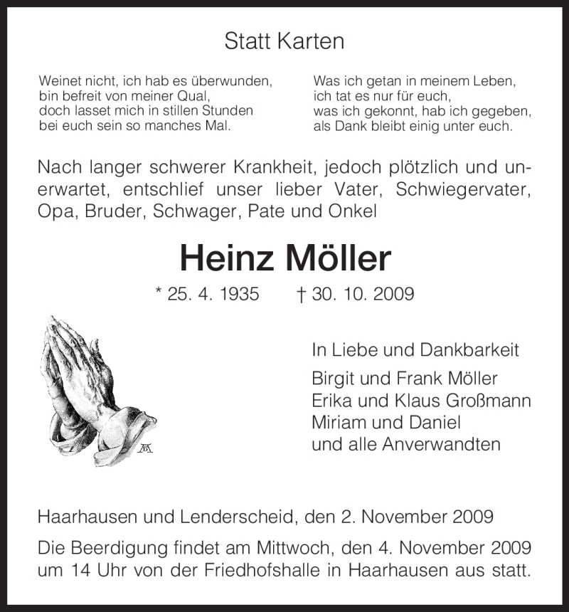  Traueranzeige für Heinz Möller vom 02.11.2009 aus HNA