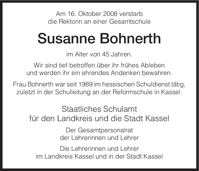  Traueranzeige für Susanne Bohnerth vom 22.10.2008 aus HNA