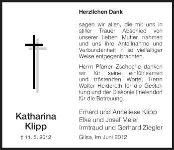 Traueranzeige von Katharina Klipp von HNA