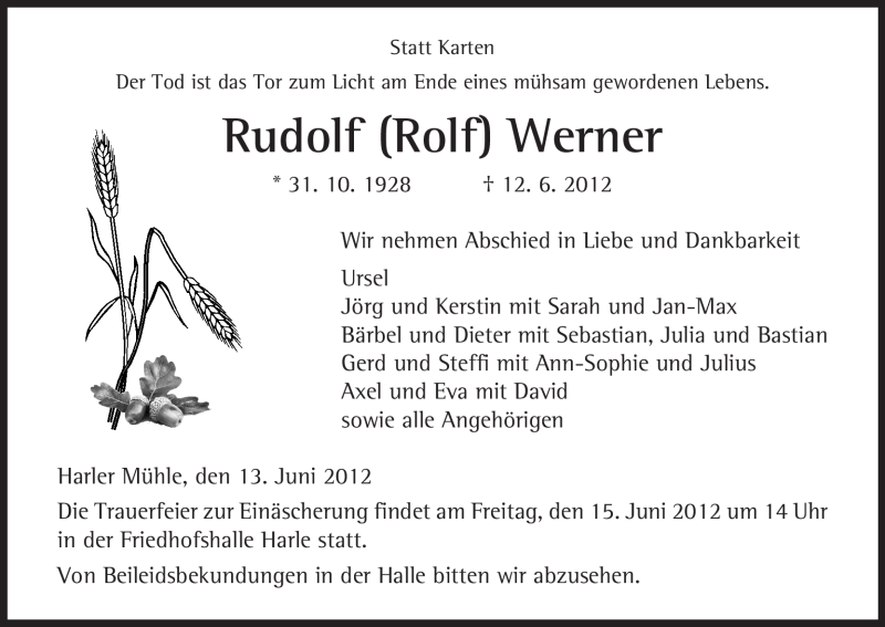  Traueranzeige für Rudolf Werner vom 13.06.2012 aus HNA