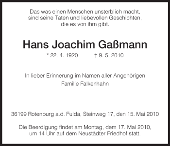 Traueranzeige von Hans Joachim Gaßmann von HNA
