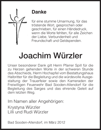 Traueranzeige von Joachim Würzler von HNA