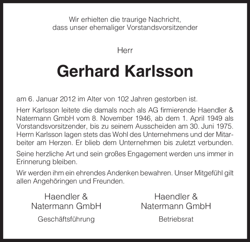  Traueranzeige für Gerhard Karlsson vom 10.01.2012 aus HNA