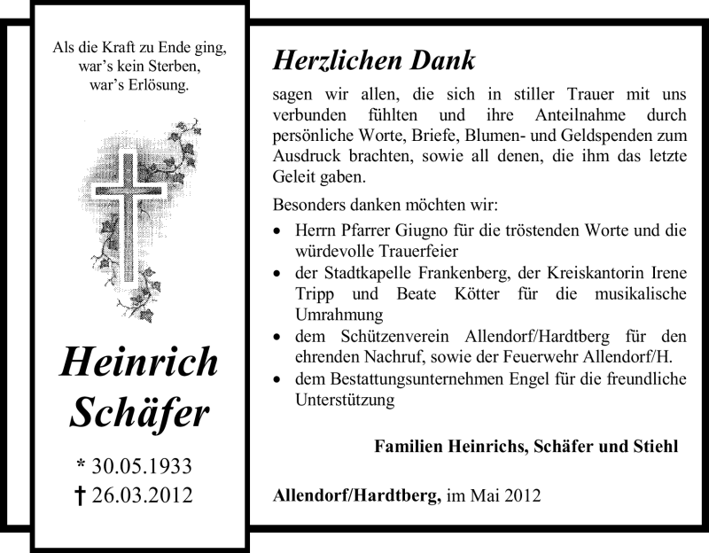  Traueranzeige für Heinrich Schäfer vom 12.05.2012 aus HNA