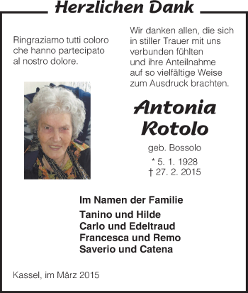 Traueranzeige von Antonia Rotolo von HNA