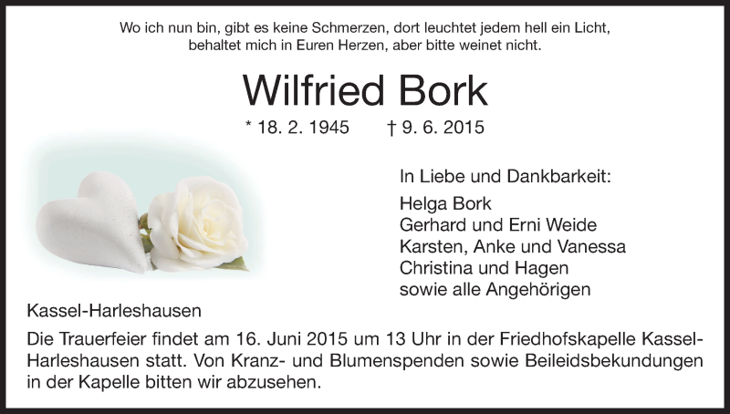  Traueranzeige für Wilfried Bork vom 13.06.2015 aus HNA
