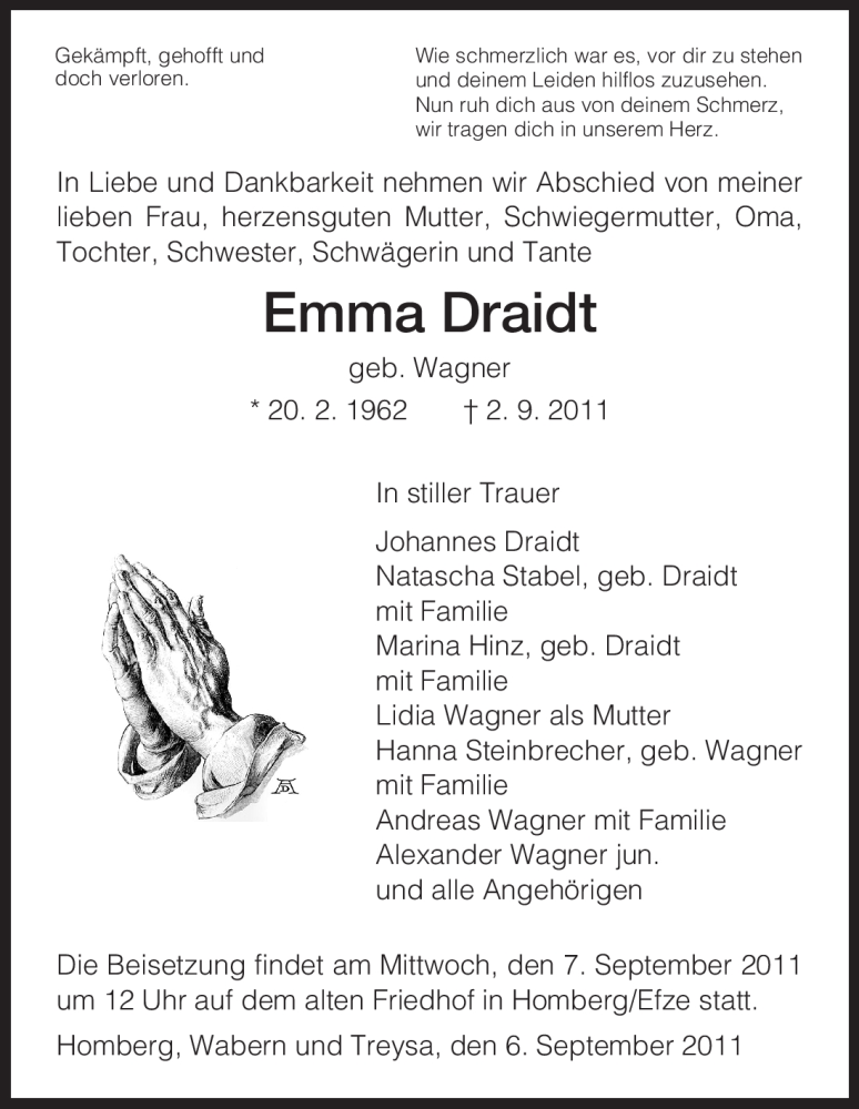  Traueranzeige für Emma Draidt vom 06.09.2011 aus HNA