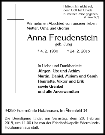 Traueranzeige von Anna Freudenstein von HNA