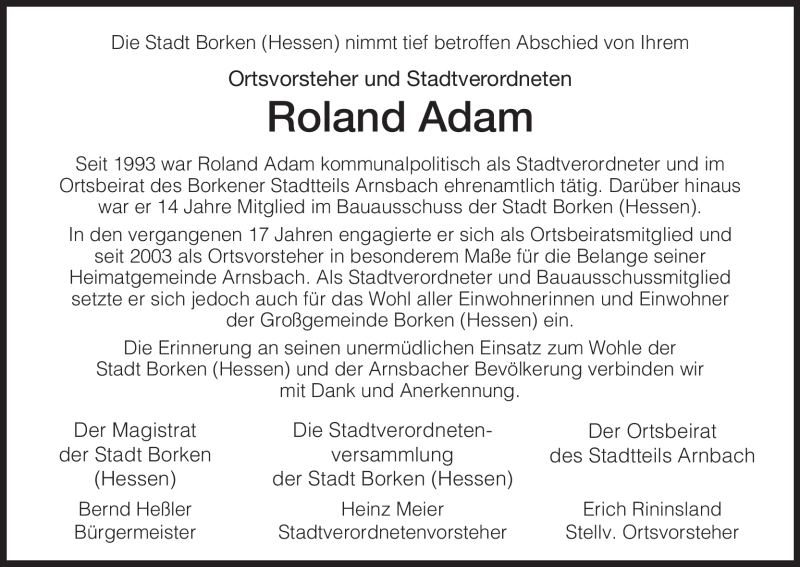  Traueranzeige für Roland Adam vom 25.10.2010 aus HNA