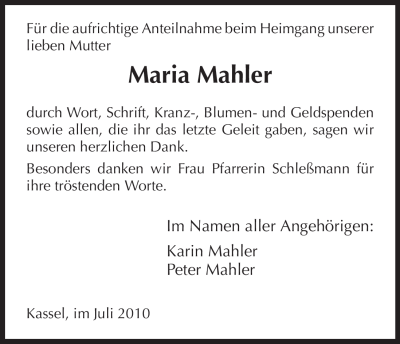  Traueranzeige für Maria Mahler vom 03.07.2010 aus HNA
