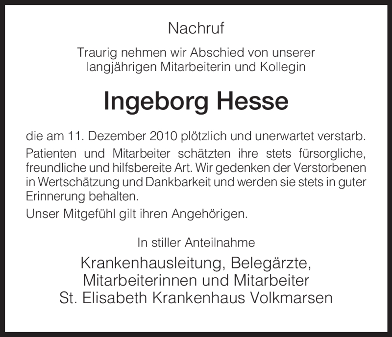  Traueranzeige für Ingeborg Hesse vom 15.12.2010 aus HNA