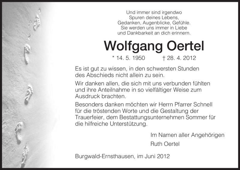  Traueranzeige für Wolfgang Oertel vom 16.06.2012 aus HNA