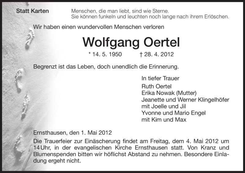  Traueranzeige für Wolfgang Oertel vom 01.05.2012 aus HNA