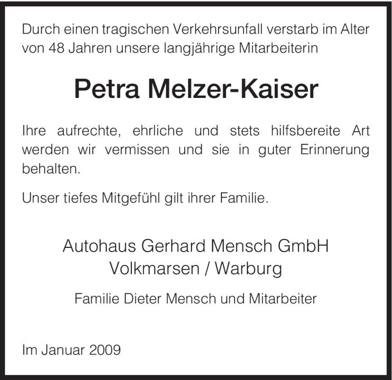  Traueranzeige für Petra Melzer-Kaiser vom 17.01.2009 aus HNA