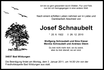 Traueranzeige von Josef Schnaubelt von HNA