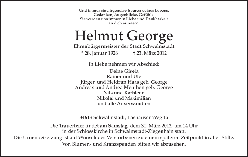  Traueranzeige für Helmut George vom 26.03.2012 aus HNA