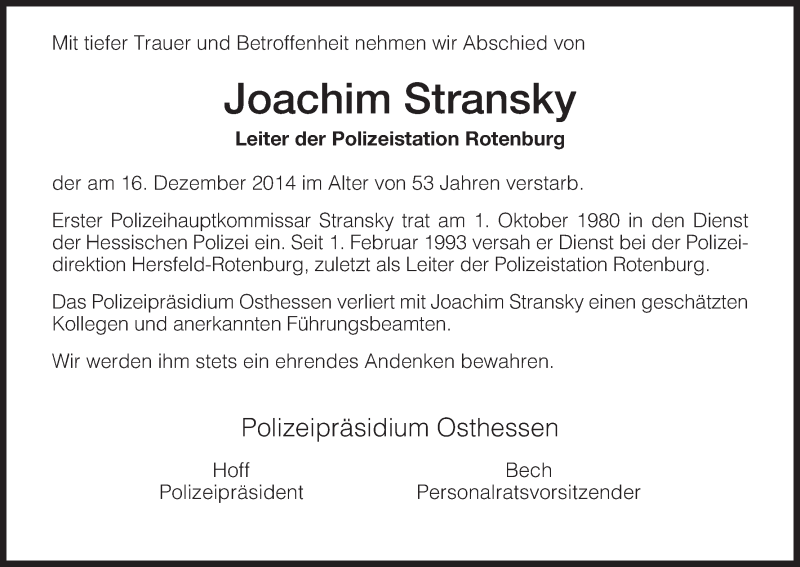  Traueranzeige für Joachim Stransky vom 19.12.2014 aus HNA