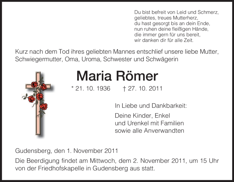  Traueranzeige für Maria Römer vom 01.11.2011 aus HNA