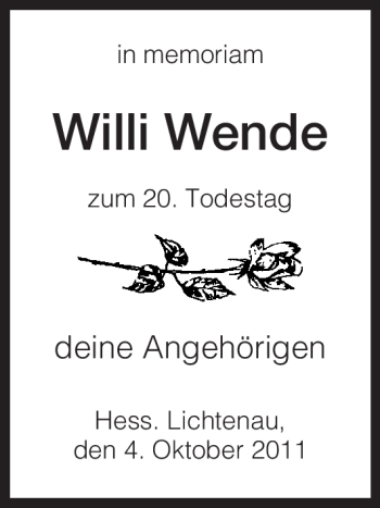 Traueranzeige von Willi Wende von HNA