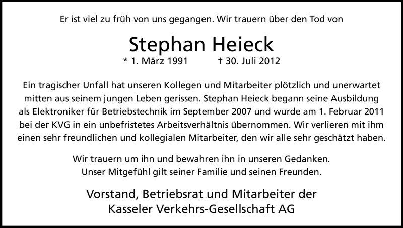  Traueranzeige für Stephan Heieck vom 14.08.2012 aus HNA
