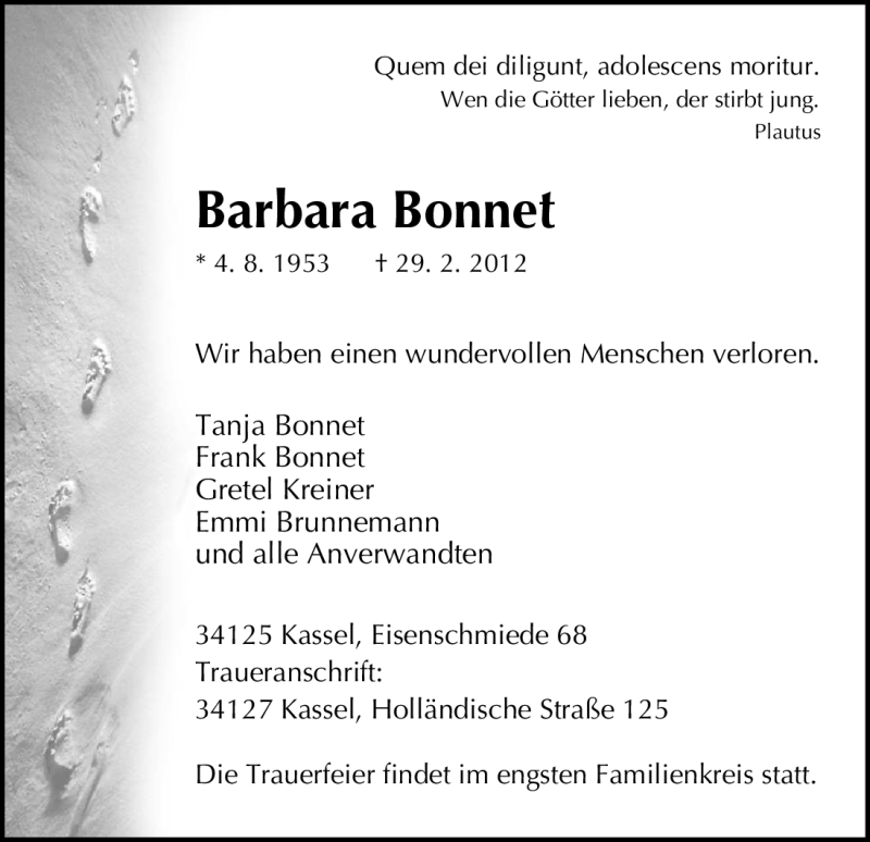  Traueranzeige für Barbara Bonnet vom 03.03.2012 aus HNA
