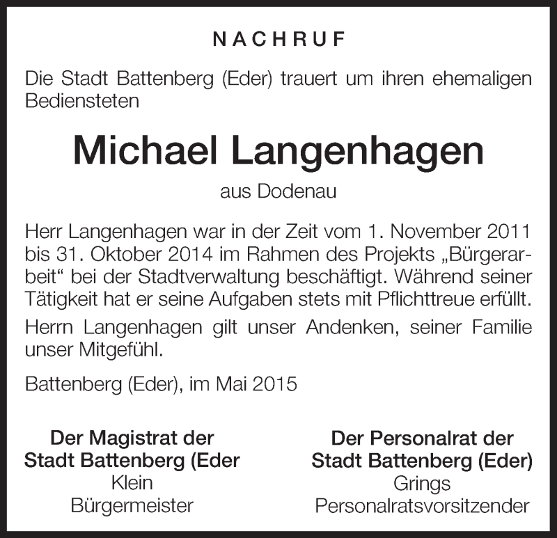  Traueranzeige für Michael Langenhagen vom 20.05.2015 aus HNA