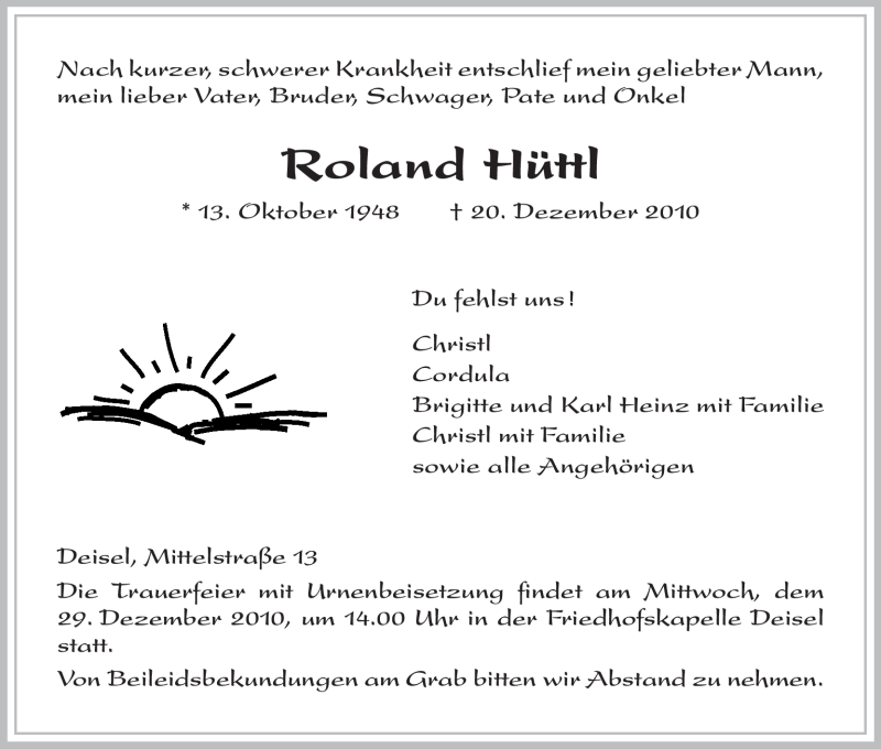  Traueranzeige für Roland Hüttl vom 28.12.2010 aus HNA