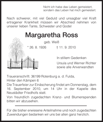 Traueranzeige von Margaretha Ross von HNA