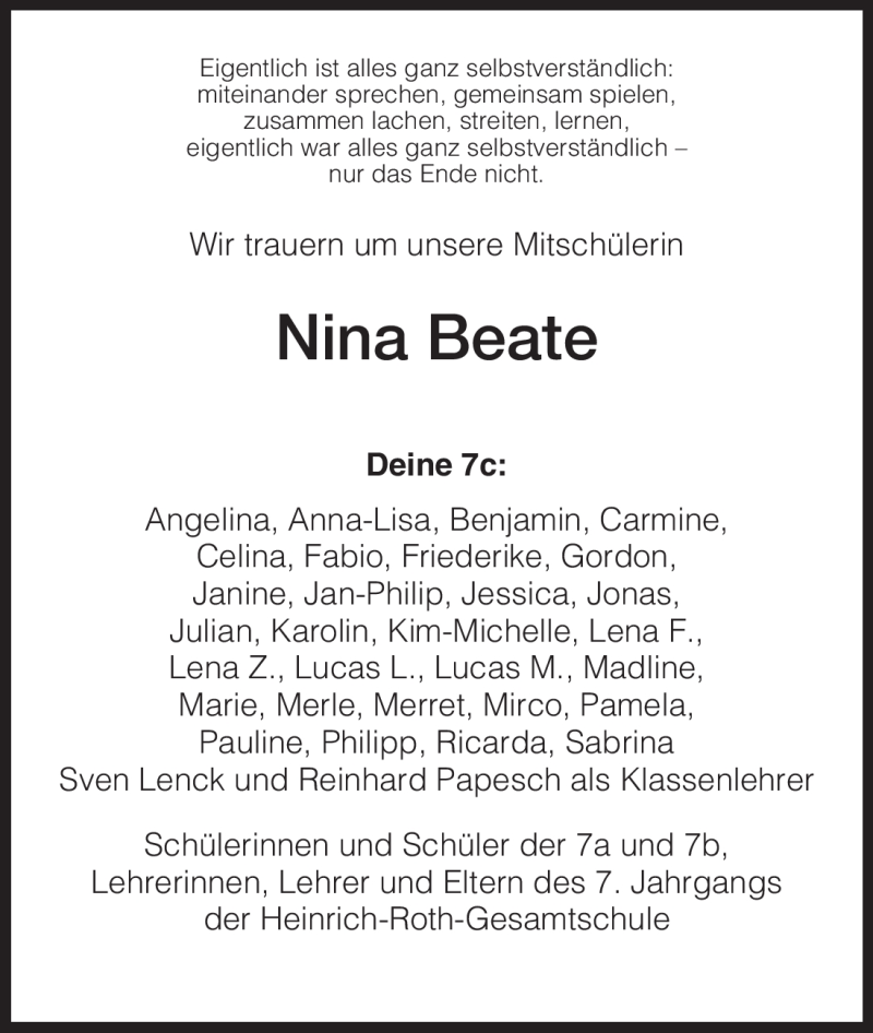  Traueranzeige für Nina Beate vom 27.11.2010 aus HNA