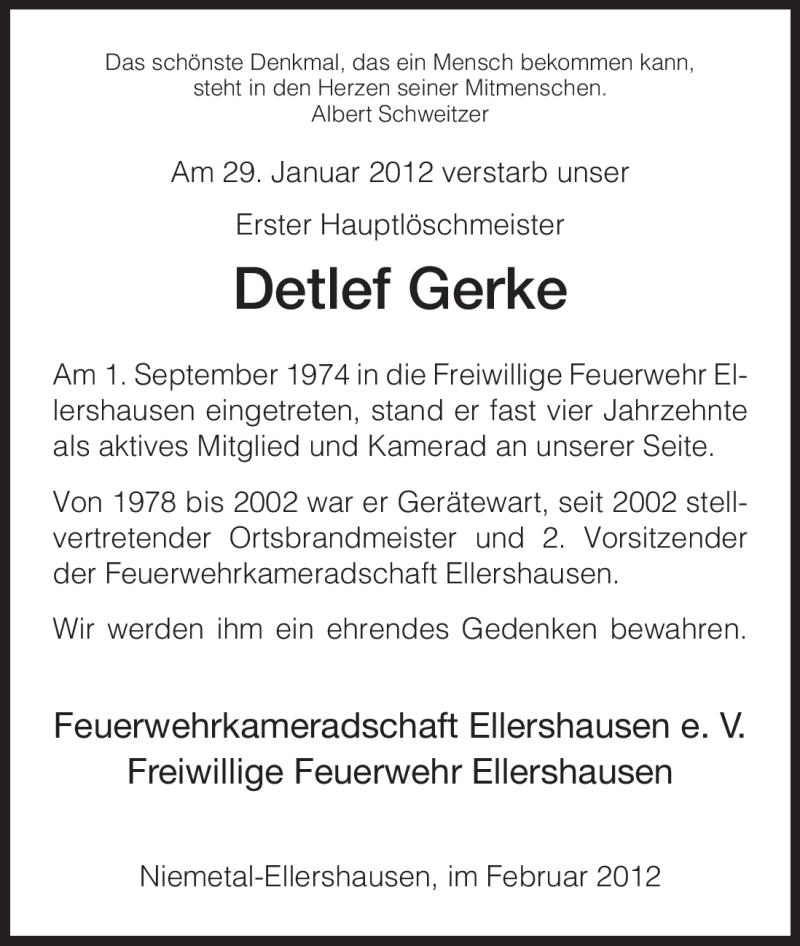  Traueranzeige für Detlef Gerke vom 08.02.2012 aus HNA