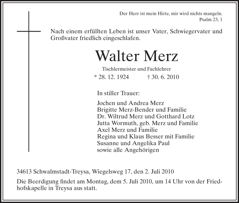  Traueranzeige für Walter Merz vom 02.07.2010 aus HNA