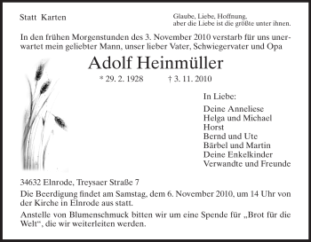 Traueranzeige von Adolf Heinmüller von HNA