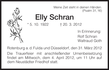 Traueranzeige von Elly Schran von HNA