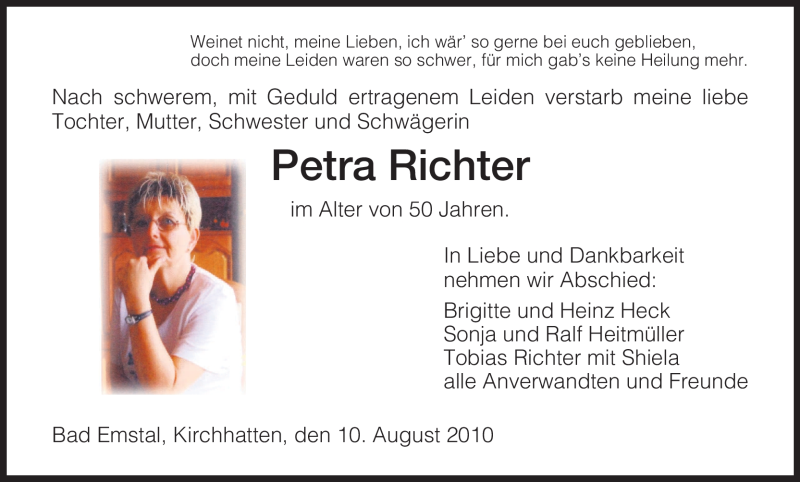  Traueranzeige für Petra Richter vom 12.08.2010 aus HNA