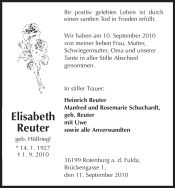 Traueranzeige von Elisabeth Reuter von HNA