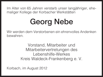 Traueranzeige von Georg Nebe von HNA
