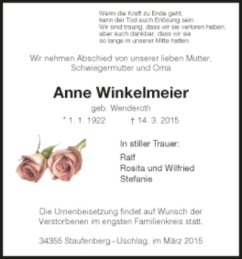 Traueranzeige von Anne Winkelmeier von HNA