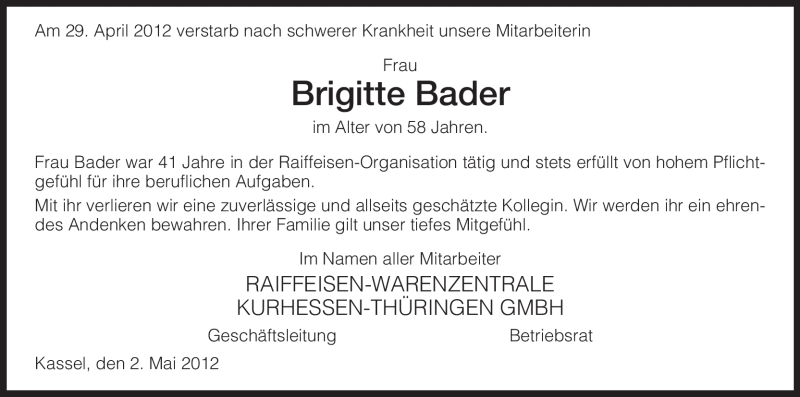  Traueranzeige für Brigitte Bader vom 03.05.2012 aus HNA