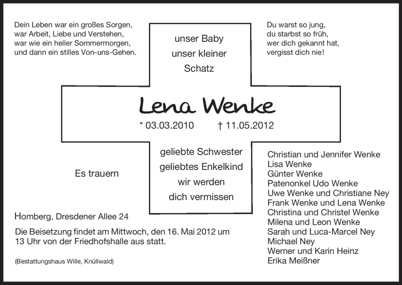  Traueranzeige für Lena Wenke vom 15.05.2012 aus HNA
