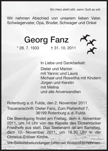 Traueranzeige von Georg Fanz von HNA
