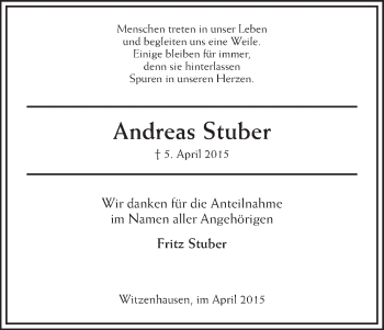 Traueranzeige von Andreas Stuber von HNA