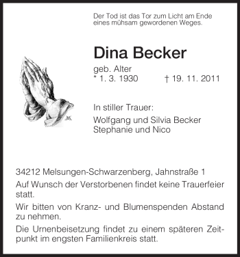 Traueranzeige von Dina Becker von HNA