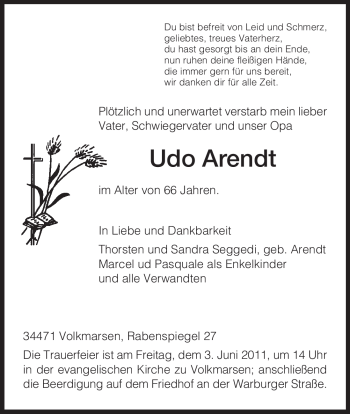 Traueranzeige von Udo Arendt von HNA