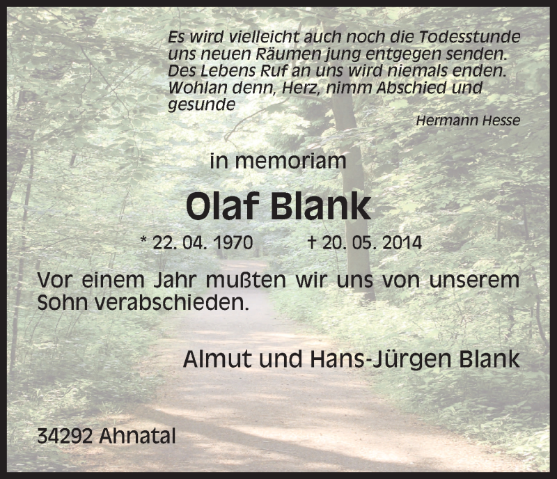  Traueranzeige für Olaf Blank vom 20.05.2015 aus HNA