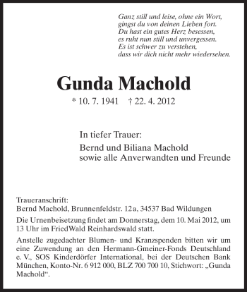 Traueranzeige von Gunda Machold von HNA