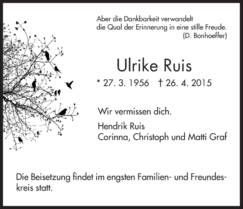  Traueranzeige für Ulrike Ruis vom 01.05.2015 aus HNA